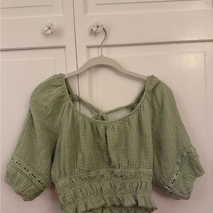 Altar'd State Green Puff Sleeve Blouse with Smocked Tie Front
